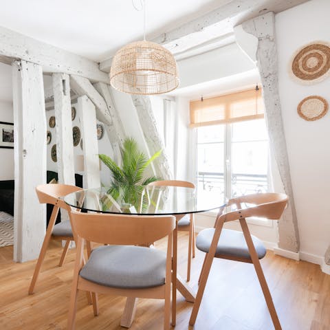 Nibble on baguettes in the bright kitchen