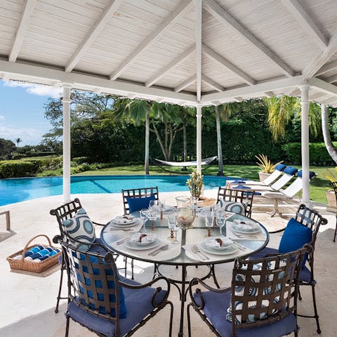 Gather for celebratory drinks and evening meals on the terrace
