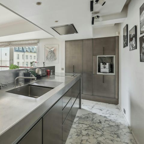 Make Parisian-inspired meals in the sleek kitchen