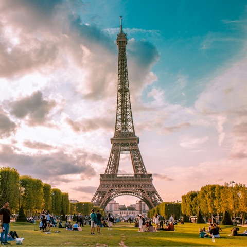 Picnic in front of the Eiffel Tower at Champs de Mars, 26-minute walk away