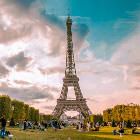 Picnic in front of the Eiffel Tower at Champs de Mars, 26-minute walk away