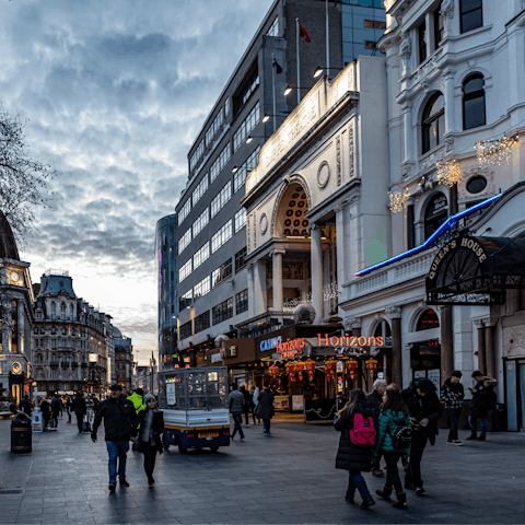 Travel ten stops on the Tube to lively Leicester Square