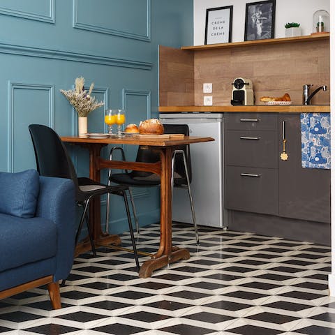 Pad along the retro floor tiles on your way to the coffee machine in the morning