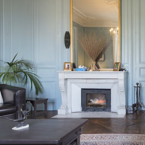 Gather around the rustic, wood-burning fire on a chilly evening