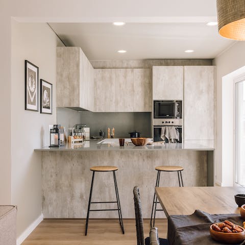 Perch at the breakfast bar with morning coffees and hatch plans for the day ahead