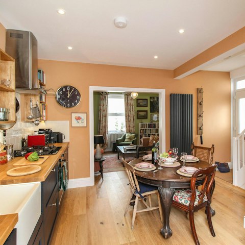 Enjoy relaxed meals at home in the characterful kitchen