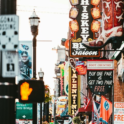Discover the bright lights of Nashville's Broadway, a ten-minute drive away