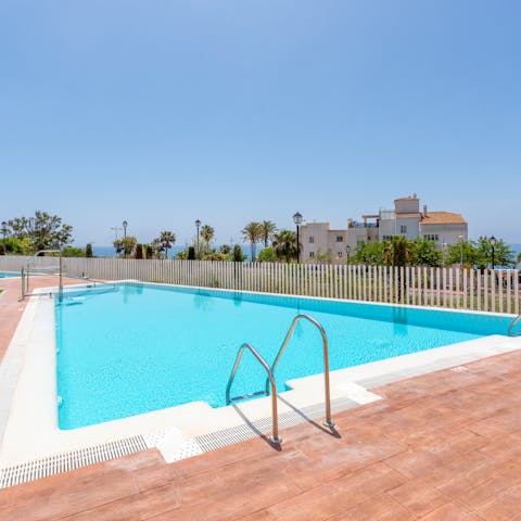 Start the day with some laps in the cool waters of the communal pools downstairs