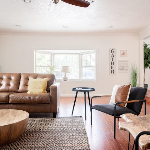 Relax in a mid-century-chic living space after a day hiking the Highlands