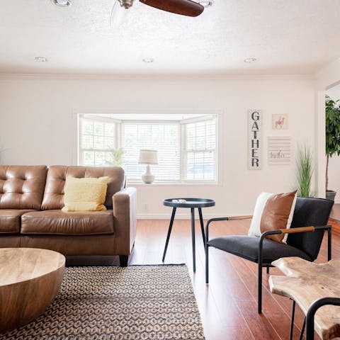 Relax in a mid-century-chic living space after a day hiking the Highlands