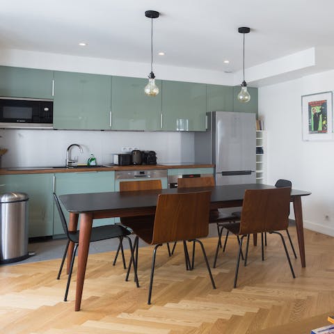 the sophisticated dark wood dining space