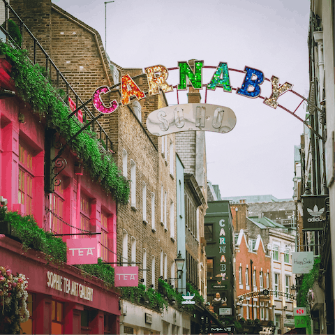 Feel the spirit of the swinging sixties on Carnaby Street, a ten-minute walk away