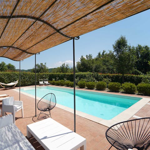 Cool off in the private pool while the kids play on the swing and slide