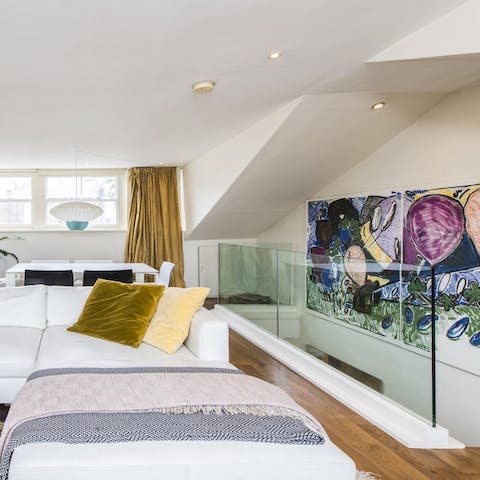 Art filled dining and living area
