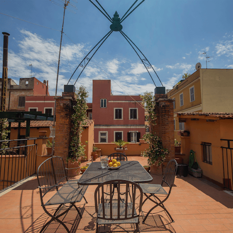 Sit down to coffee or cocktails on the tranquil terrace