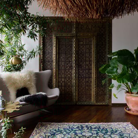 An intricately carved and painted door