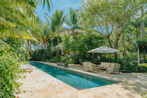 Swim laps in the pool wrapped by palm-filled gardens