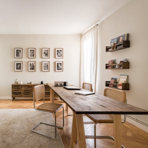 Set up your own co-working space at the elongated desk