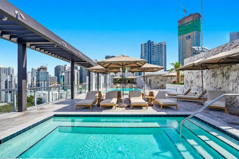Cool off in the communal pool with the Miami skyline overhead