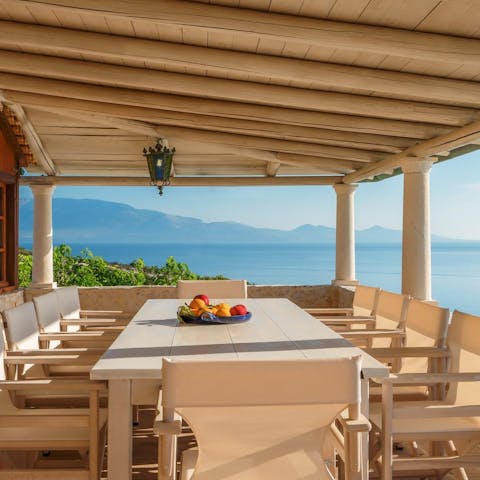 Watch a dramatic Mediterranean sunset from the covered balcony