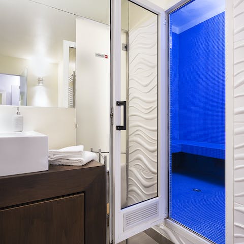 Take a break in the home's steam room