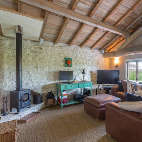 Warm up around the wood-burning stove