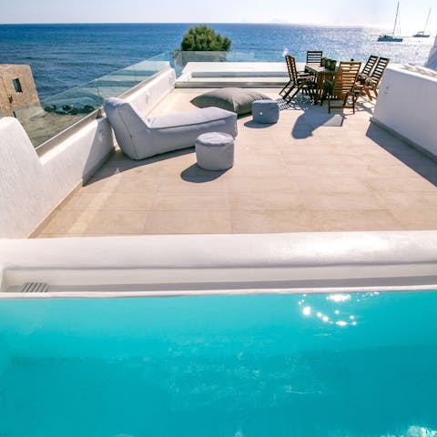 Laze in the sun or take the plunge in one of two private, heated jacuzzis