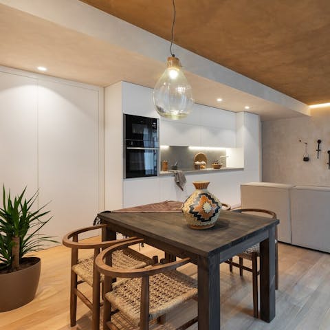Sit down to a celebratory meal in the chic dining area