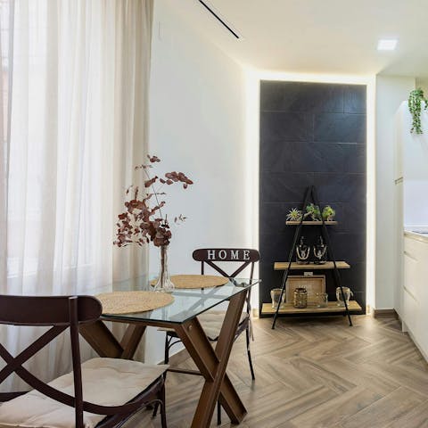 Begin your day with a strong cup of coffee in the sleek kitchenette