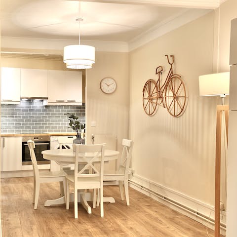 Start your mornings with fresh coffee and croissants in the atmospheric dining area