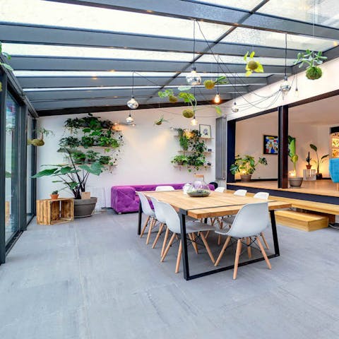 the tranquil glass roofed dining space