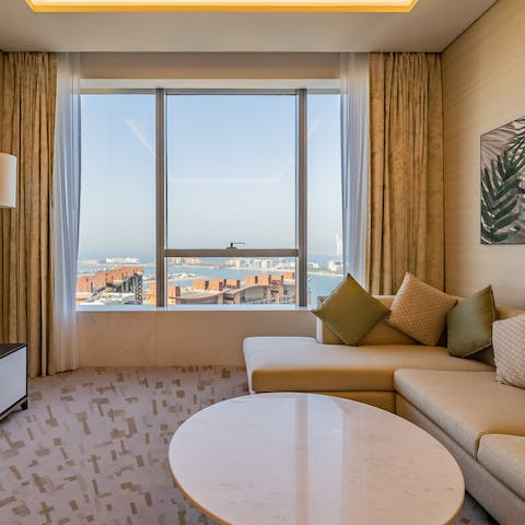 Take in the vistas over the Palm Jumeirah, the Arabian Gulf and the Dubai skyline