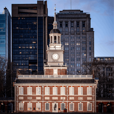 Gaze up at beautiful Independence Hall, an eighteen-minute stroll from your door
