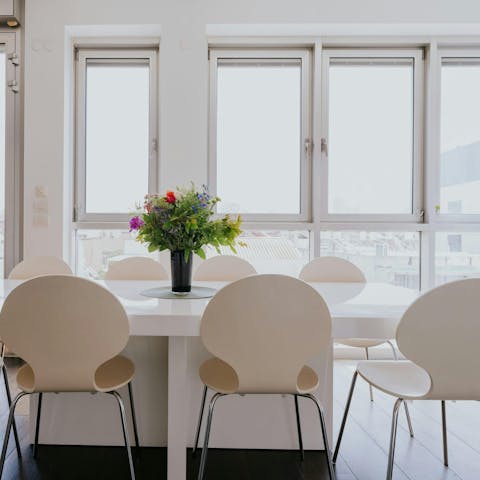 Dine out in local restaurants and cafes or cook in the modern kitchen