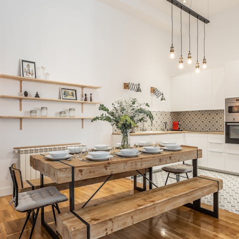 Practice your Spanish-style cooking and serve your creations at the chic dining bench