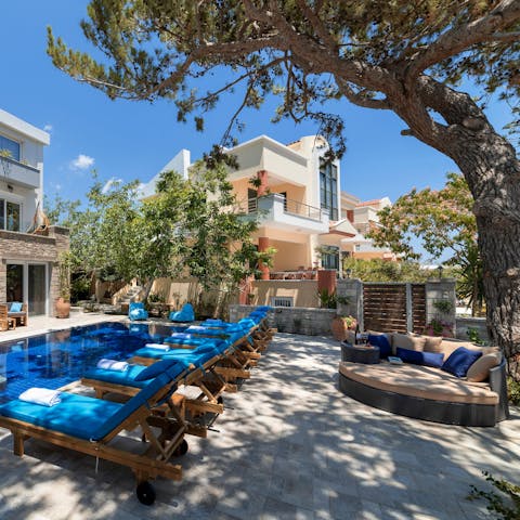 Lounge on the day beds in the shade of the garden's pine trees