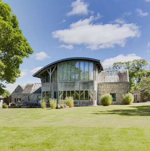 The iconic glass and timber atrium facade