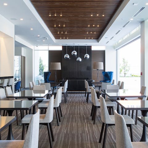 Head to some communal desk space if work calls