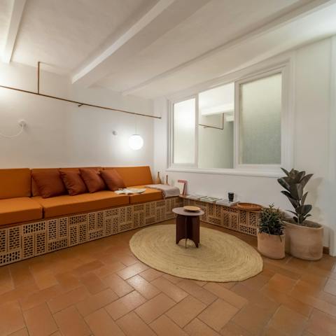 Relax in the rustic living space with traditional features