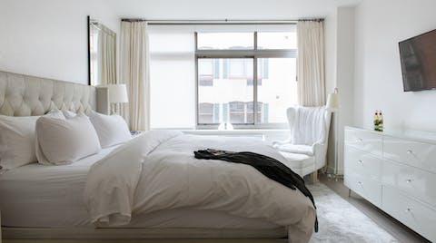 Wake up to sunlight streaming through the windows in the master bedroom