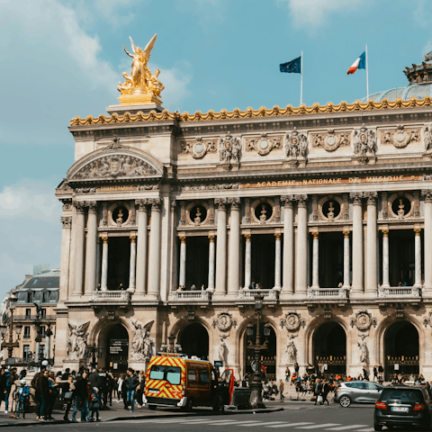 Begin your stay with a stroll to the iconic Palais Garnier