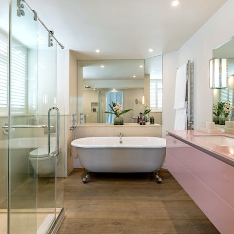 Treat yourself to a long and indulgent soak in the freestanding bathtub