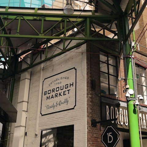 Browse the tempting food stalls at Borough Market – a twelve-minute walk away