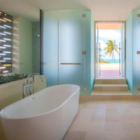 Treat yourself to an indulgent bath in the luxurious bathroom