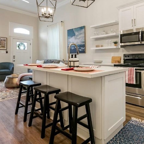 Tuck in to a delicious meal on the bar-style table