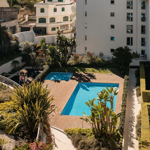 Cool off in the communal swimming pool or get a workout in at the gym