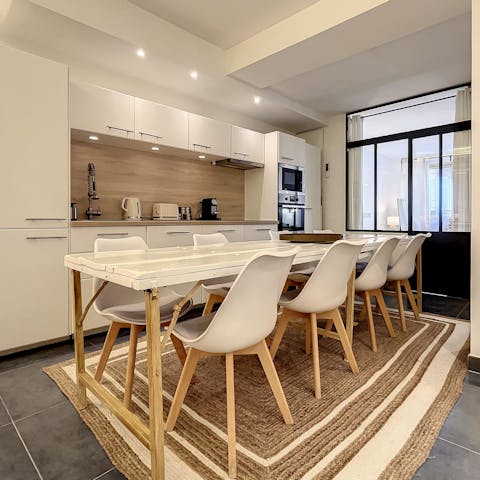 Gather for meals at the large dining table