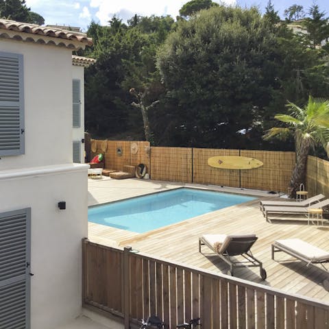 Relax on the loungers after a day of exploring the medieval hilltop village of Gassin nearby