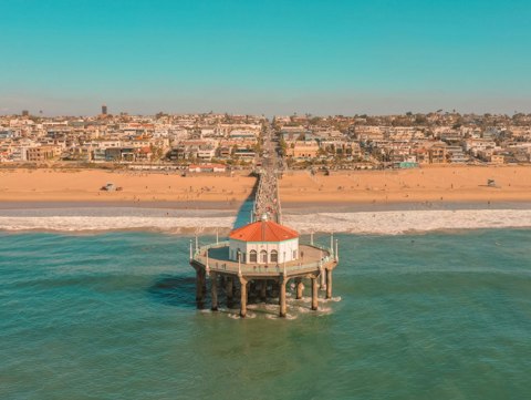 Stroll to Manhattan Beach Pier's iconic roundhouse aquarium, five minutes away