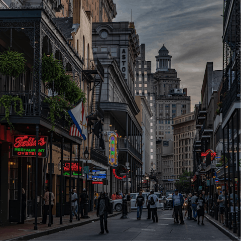 Walk to vibrant Bourbon Street in 15 minutes